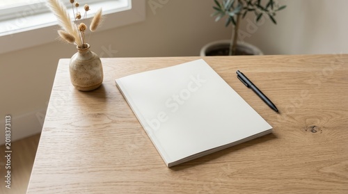 Blank magazine mockup with pen and vase on wooden table