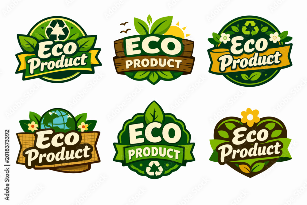 Fototapeta premium Eco product labels creating brand identity for natural, organic, and sustainable goods with recycle symbols
