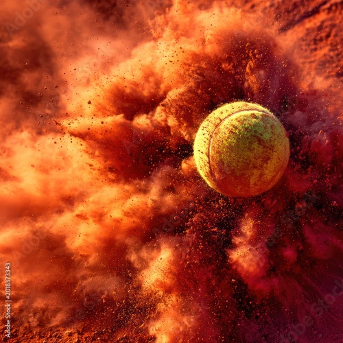 Bright Tennis Ball Exploding in Colorful Powder Explosion with Vibrant Orange and Yellow Hues