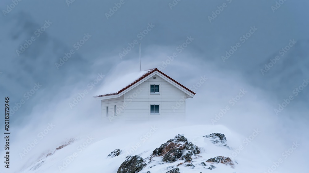 Fototapeta premium Snow blankets a lone cabin atop rugged peaks. Clouds swirl around the structure, obscuring the sky. Red roof contrasts starkly against white surroundings