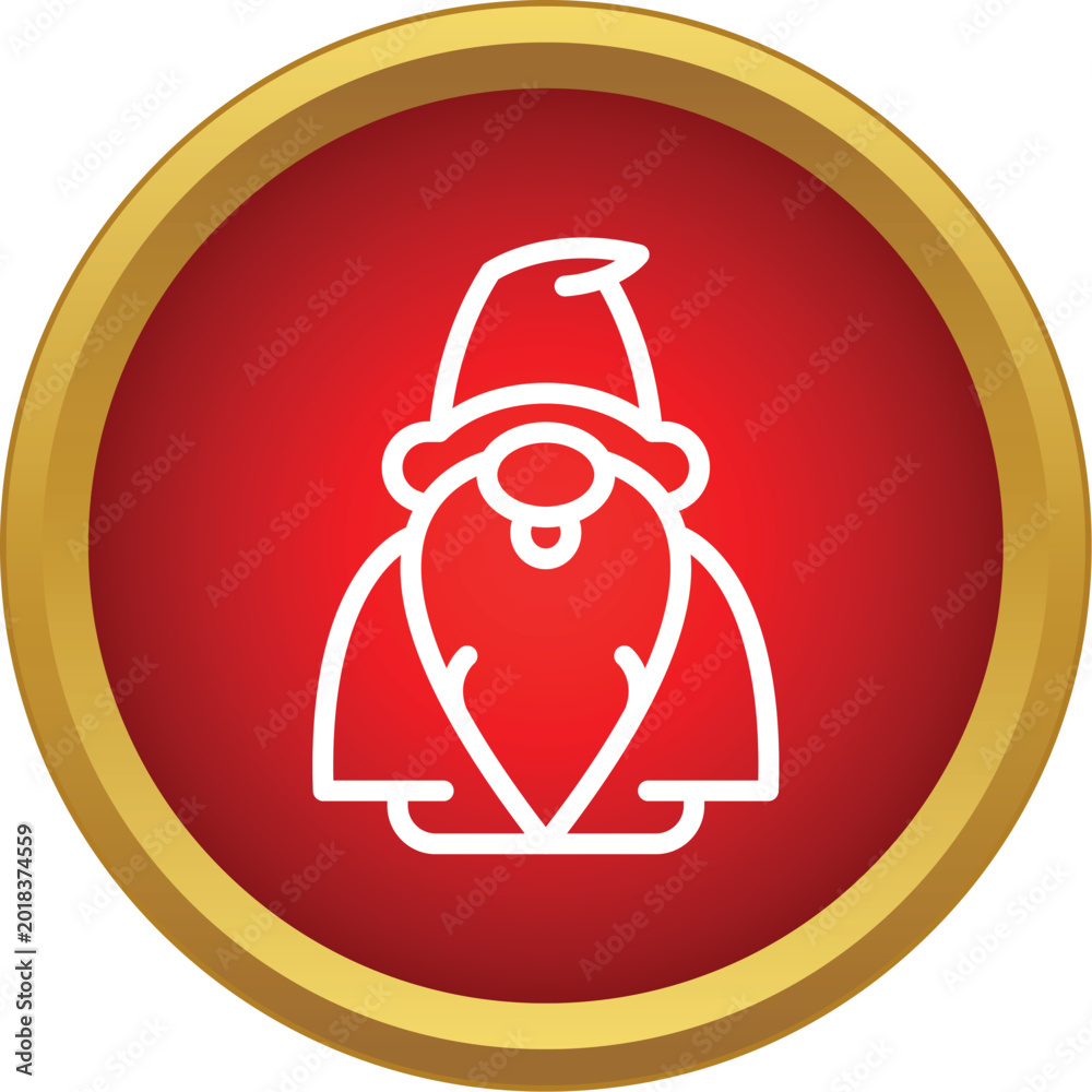 Fototapeta premium Gnome icon inside a round red button with gold border, representing christmas