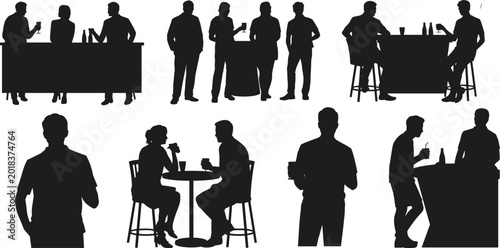 Silhouette Set of People Drinking at Bar, Socializing in Cafe, Friends Hanging Out, Eating and Drinking, Nightlife Party Vector Icons