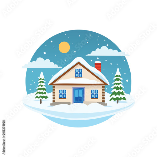 Winter scene illustration of a cozy house with snow and trees isolated