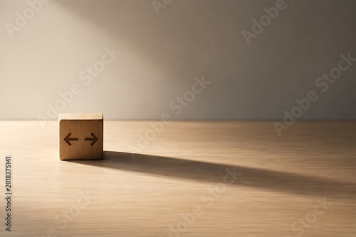 A small cardboard cube with a double-headed arrow sits on a wooden surface, casting a long shadow under directional light.
