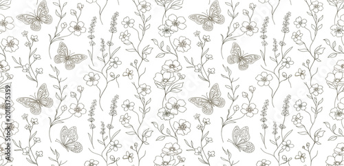 Elegant Butterfly and Floral Seamless Pattern with Hand Drawn Botanical Line Art for Wallpaper, Fabric, Packaging, Textile, and Nature Inspired Background Designs