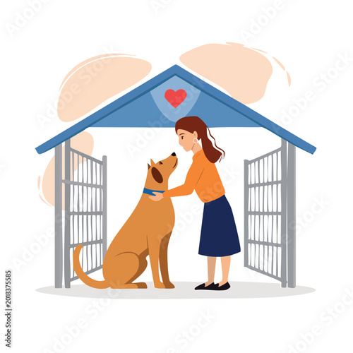 Woman petting dog in a shelter with heart symbol on the roof illustration