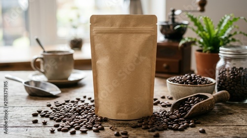 Brown kraft standup pouch with coffee beans on table