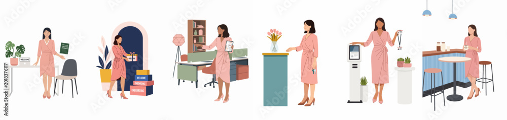 Fototapeta premium Flat Vector Illustration Set of a Woman in Pink Dress Demonstrating Various Office Onboarding and Workplace Scenes for New Employees.
