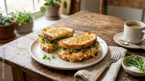 Sandwiches with shrimp and cheese, baked in the oven, with microgreens, breakfast, homemade, homemade food photography, commercial stock image, natural light, clean plating, neutral unbranded