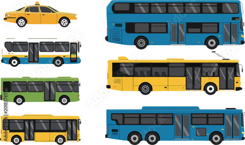 Bilde på lerret Modern public transit vehicle vector set featuring buses and taxi designs in col