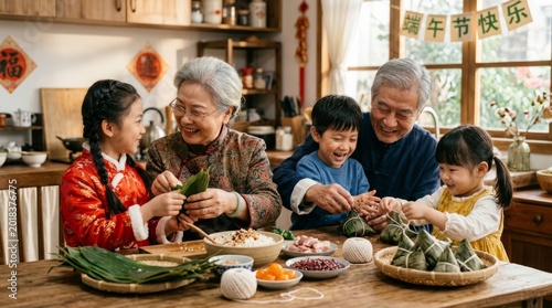 Grandparents and Children Making Zongzi Together for Dragon Boat Festival