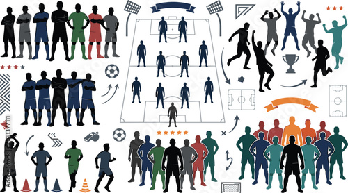 Принти на полотні Soccer Team Silhouette Vector Illustration Collection Featuring Football Players