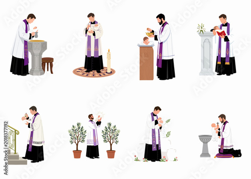 Konstfotografi Set of flat vector illustrations depicting a Catholic priest performing baby baptism ceremonies and religious rituals in various sacred settings