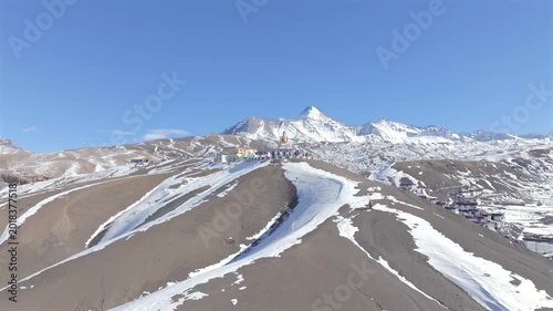 Aerial view of Buddha statue at Langza village in Spiti Valley Himachal Pradesh India