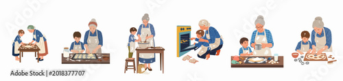 Bild auf Leinwand Illustration set of a grandmother and grandson baking cookies together, showing various steps from mixing dough to putting them in the oven