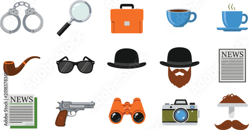Fényképezés Classic Detective and Private Investigator Icon Set Featuring Handcuffs, Magnify