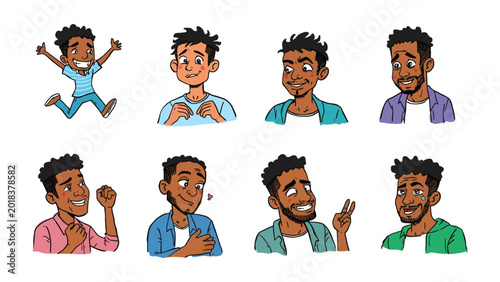 Canvas-taulu Collection of Cartoon Character Expressions: A vibrant collection of illustrations showcasing a young man's diverse emotional range, from elation and excitement to contemplation and affection