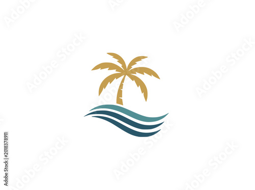 Fotografía Tropical Paradise Island Logo with Golden Palm Tree and Blue Waves