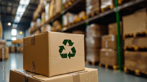 Sustainable packaging solutions warehouse environment product photography industrial context focused viewpoint eco-friendly concept for business growth