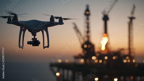 Drone surveillance action at oil rig offshore location industrial photography twilight environment aerial viewpoint technology insights