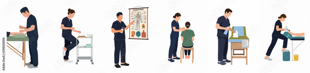 Obraz premium Flat vector illustrations of acupuncture practitioners performing various clinical duties such as patient treatment, education, sanitation, and preparation in a clinic setting.