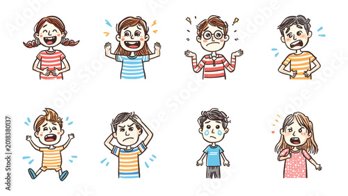 Bilde på lerret Children's Emotions: A collection of eight diverse cartoon children expressing a spectrum of human emotions, from pure joy and excitement to frustration and sadness, illustrated in a simple