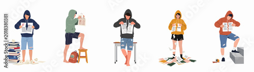 Bilde på lerret Flat Illustration of Diverse Students Tearing Up Failed Exam Papers and Grade Reports, Expressing Frustration and Academic Stress