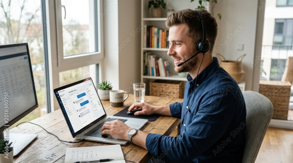 Obraz premium Focused male customer service representative working on a laptop, remote support, online assistance and business communication concept, headset, desk setup and attentive expression, modern workspace,