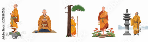 Foto Collection of Buddhist monks in various spiritual and meditative activities, illustrations on white background