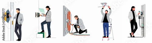 Cuadro en lienzo Set of illustrations depicting professionals installing and using high-tech security systems, access control devices, and maintaining a large bank vault