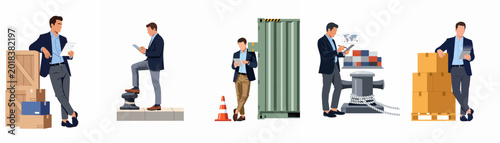 Photos Logistics manager supervising global shipping and supply chain operations using digital tools and paper documents in warehouse and harbor settings