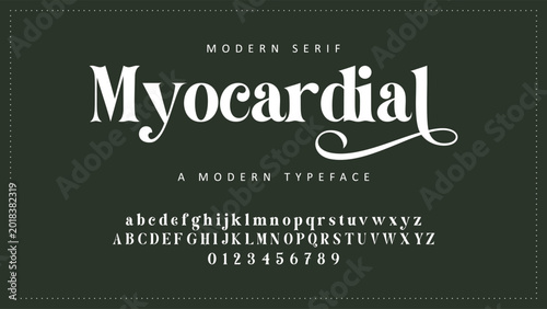 Tableau sur toile Modern Serif Myocardial Font Typeface, Alphabet Characters, Numbers, Commercial