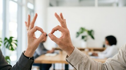 Two Human Hands Showing Okay Sign Gesture for Approval and Success, commercial stock photo, clean unbranded setting, natural light, realistic detail, high resolution, balanced composition, copy space,