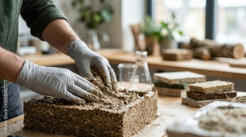 Hands molding sustainable building material, eco construction research and recycled texture detail, commercial stock photo, natural light, clean composition, neutral unbranded setting, realistic