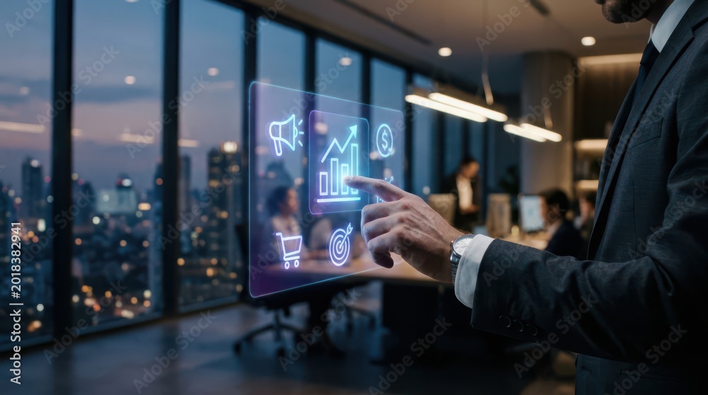 Obraz premium Tech innovation business professional interacting with holographic data display and city skyline view