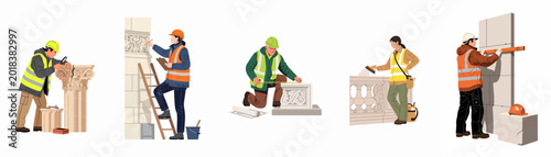 Fotografie Collection of professional restoration workers and stone masons working on historical architectural elements, wearing safety gear and using specialized tools