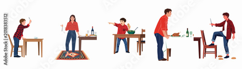 Foto Illustrations of angry people arguing and shouting during dinner or family meals, depicting domestic conflict and aggressive behavior at the table