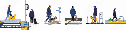 Foto Set of flat illustrations showing blind and visually impaired people with guide dogs navigating city streets and using accessibility features