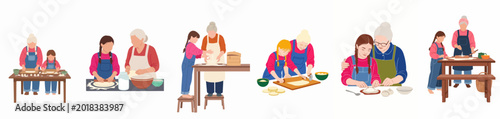 Billede på lærred Set of illustrations depicting a grandmother and granddaughter cooking and baking together, teaching traditional recipes and sharing quality time in the kitchen