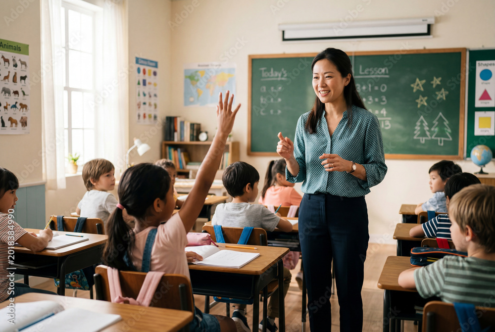 Fototapeta premium Smiling female teacher looking at students in a bright sunny classroom