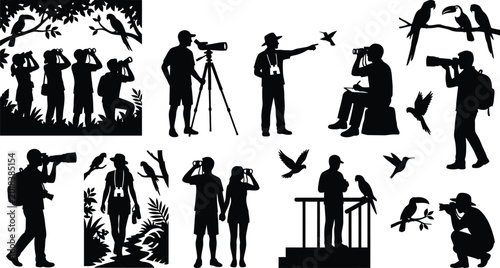 Photography Birdwatchers and photographers observing birds in nature isolated on white backg