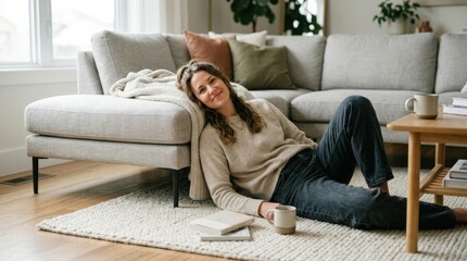 Woman lying on carpet by sofa in casual outfit for portrait branding, social campaigns and modern storytelling, polished contemporary atmosphere, natural expression, soft light, crisp focus, high