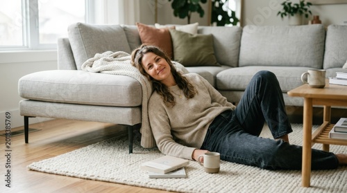 Woman lying on carpet by sofa in casual outfit for portrait branding, social campaigns and modern storytelling, polished contemporary atmosphere, natural expression, soft light, crisp focus, high