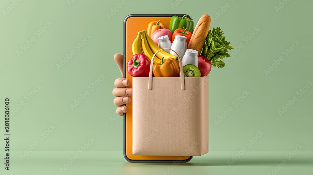 Obraz premium Hand holds phone showing grocery bag overflowing with fresh produce. Phone screen brightens vibrant fruits and vegetables. Red peppers, bananas, carrots, herbs, and greens fill the bag