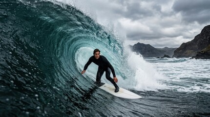 Professional surfer riding inside powerful ocean wave barrel, extreme water sport action under cloudy sky, athletic surf lifestyle on dramatic coast, soft natural light, clean commercial composition,