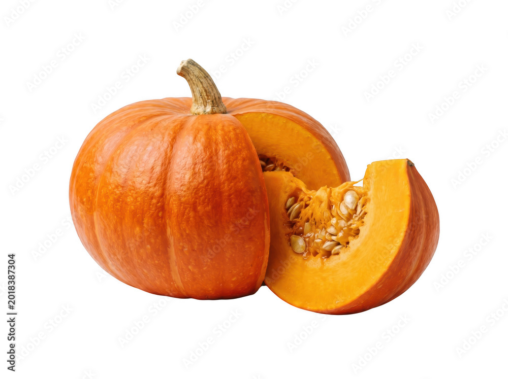 Obraz premium Whole orange pumpkin with a fresh slice and seeds visible as isolated on transparent background