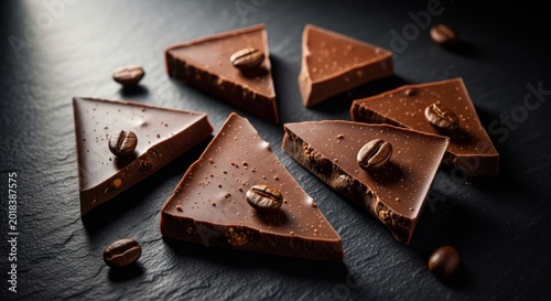 Triangle chocolate pieces with coffee beans on dark table