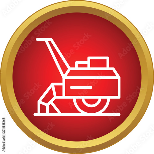 Outline icon representing a small agricultural tiller or compactor in a red circle