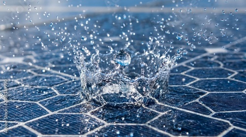 Water splashing on a modern solar panel surface, renewable energy technology and sustainable power generation with self-cleaning systems for efficient green electricity production.