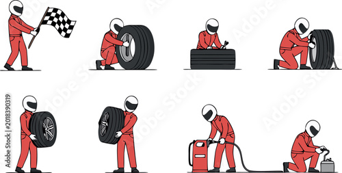 Фотография Car racing pit crew mechanics in red suits changing tires fueling and waving che